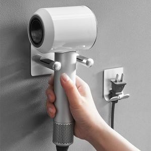 Wall mounted hair dryer holder & power cord hook set