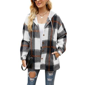 Plaid women's shirt coat with hood