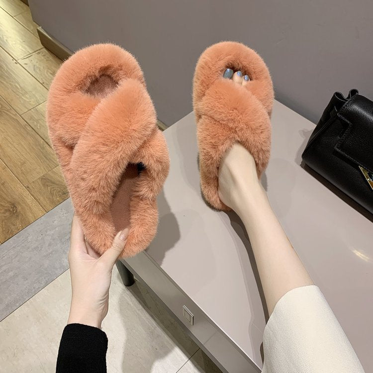 Faux fur fluffy slippers for women - orange - Image 3