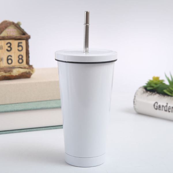 Portable stainless steel drinking mug with lid & straw
