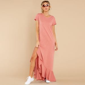 Short-sleeve ruffled slit maxi dress