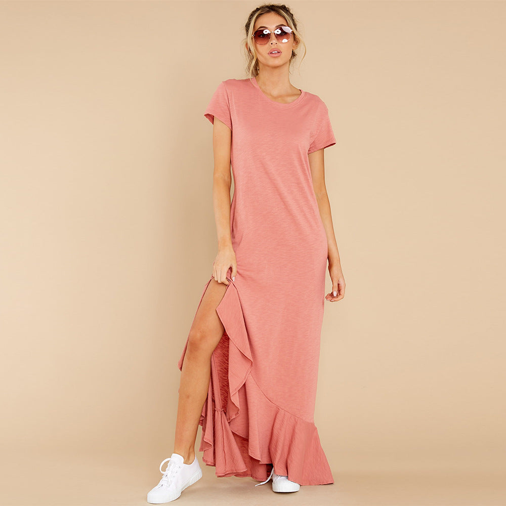Short-sleeve ruffled slit maxi dress