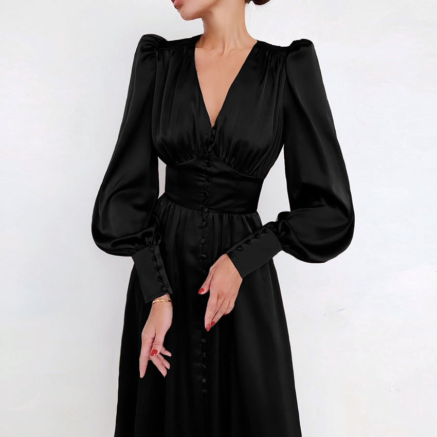 Elegant satin lantern sleeve dress