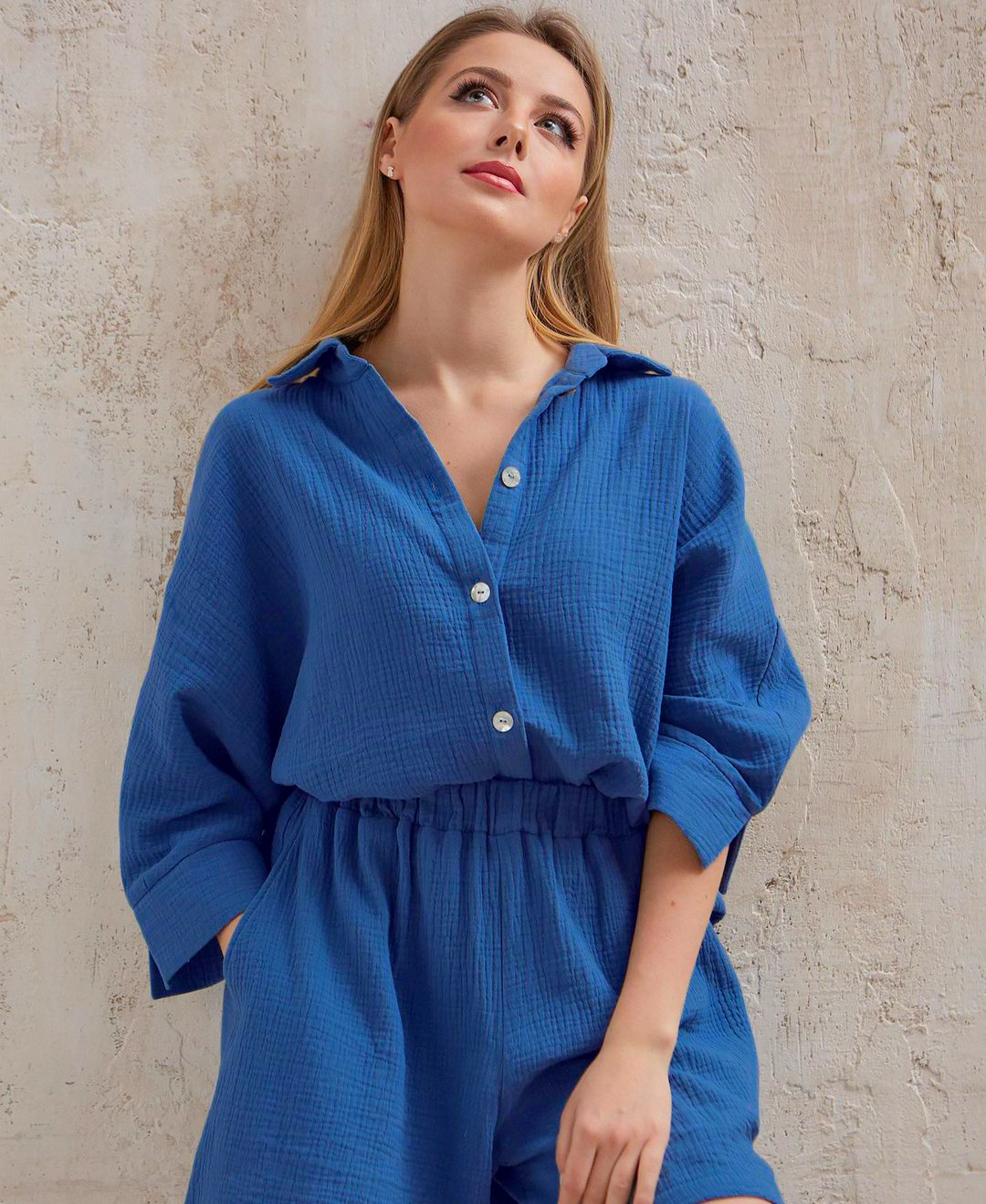 3/4 sleeved cotton shirt and shorts women's set - Image 4