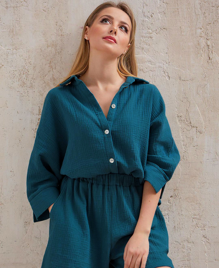 3/4 sleeved cotton shirt and shorts women's set - Image 5