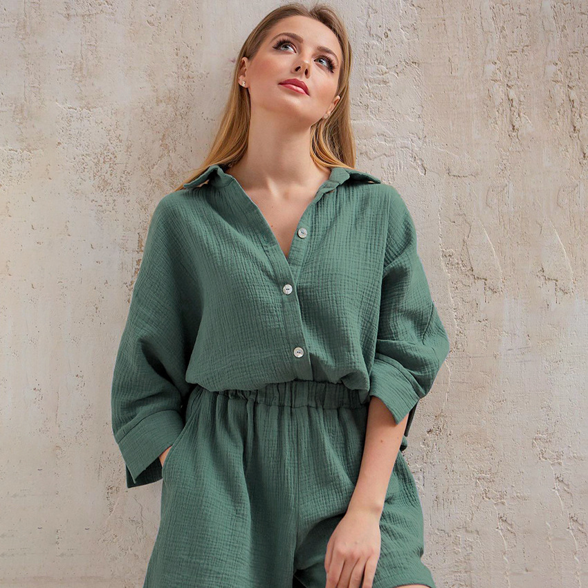 3/4 sleeved cotton shirt and shorts women's set - Image 6