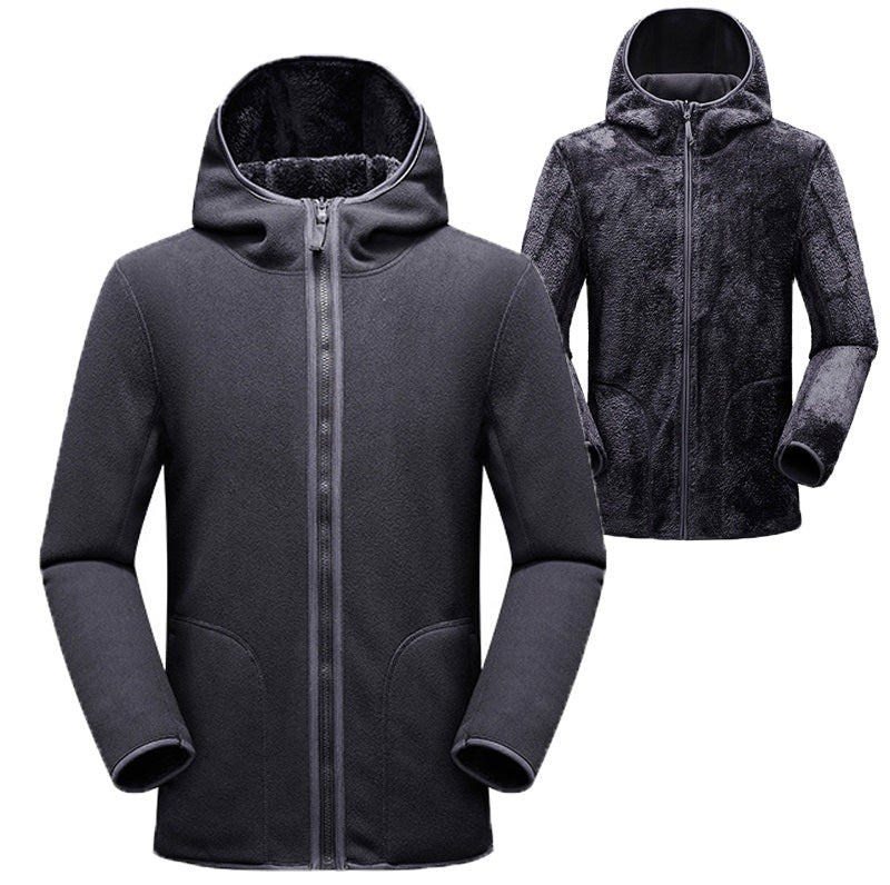 Reversible coral fleece hooded men's jacket
