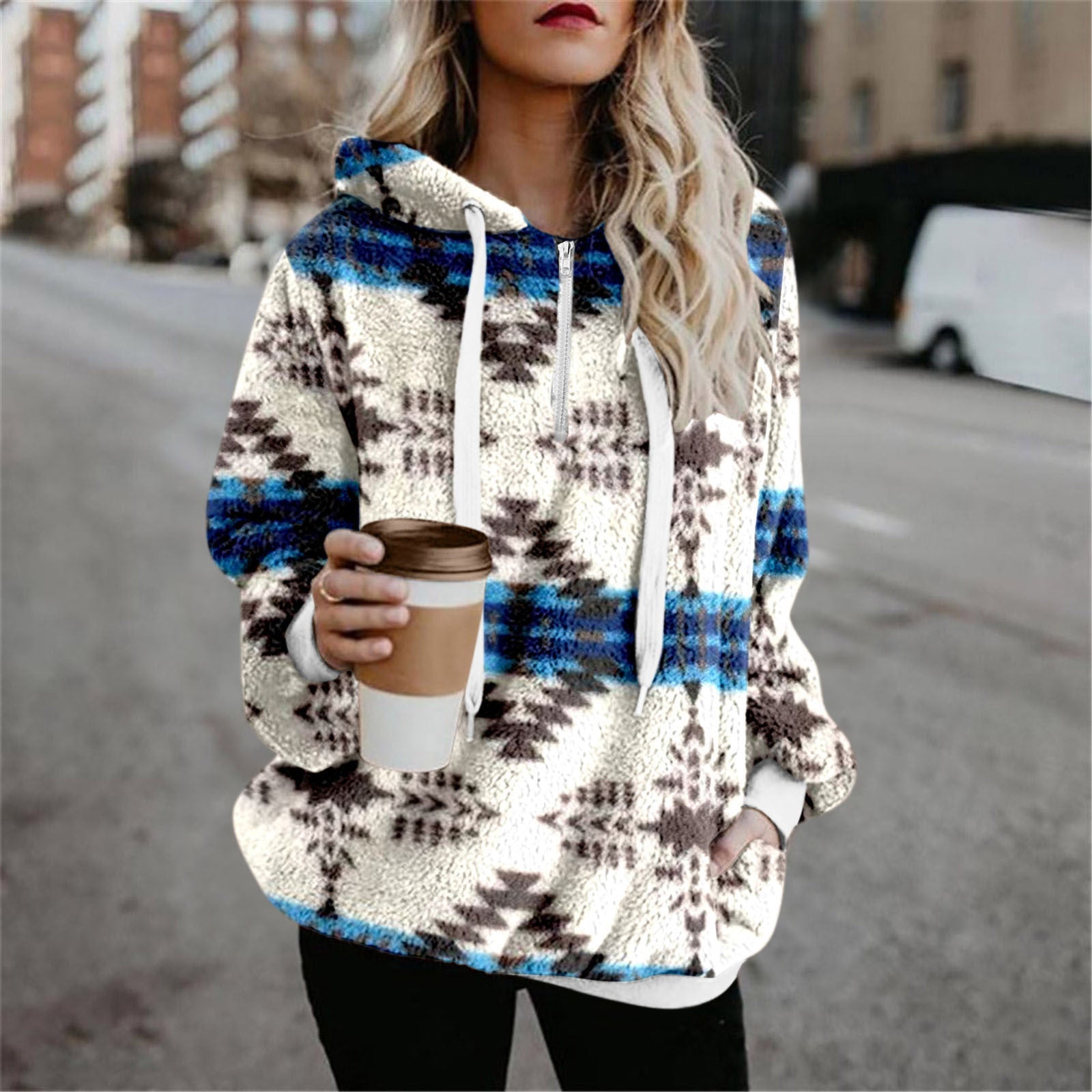 Ethnic print women's fleecy hooded sweatshirt