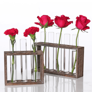 Wooden frame glass tube vase