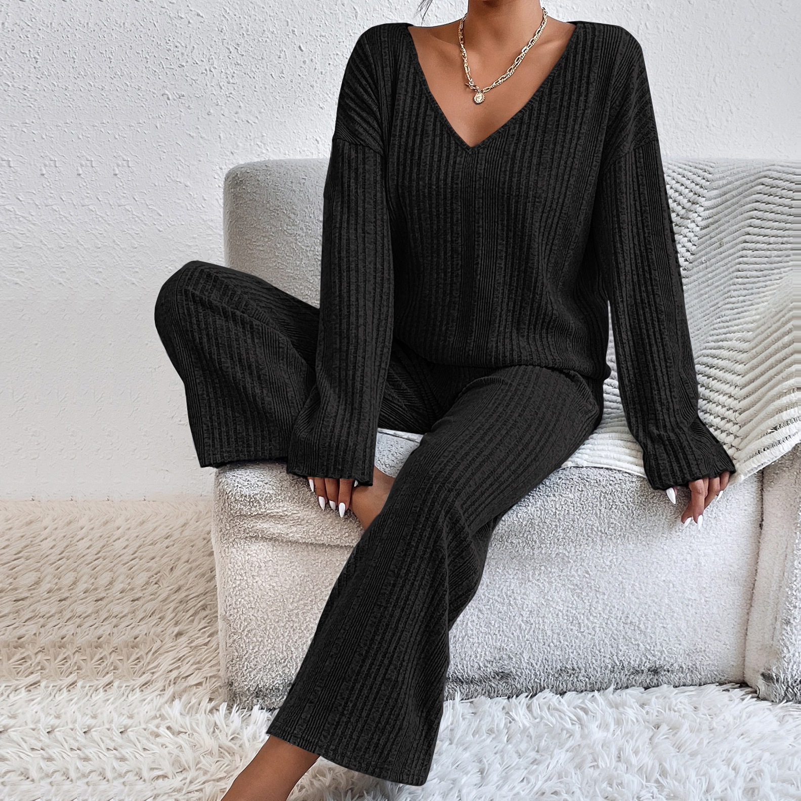 V-neck ribbed home-wear pajama set - Image 11