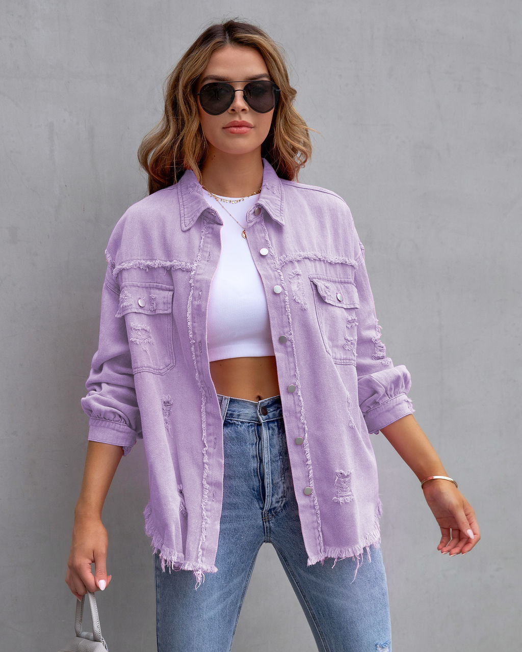 Distressed women's denim shirt jacket - Image 10