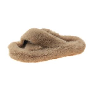 Faux fur fluffy slippers for women - khaki