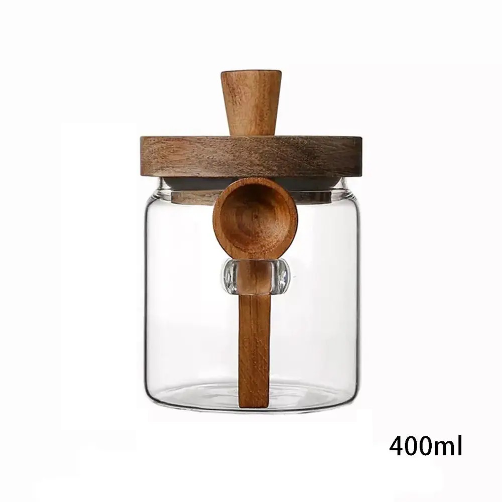 Household storage glass jar with wooden lid and spoon - Image 2