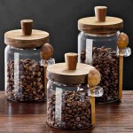 Household storage glass jar with wooden lid and spoon