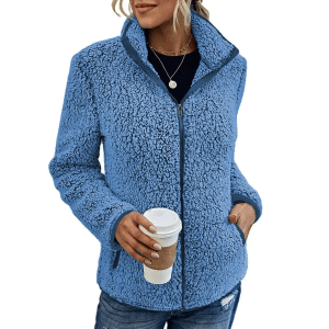 Stand-up collar fleecy women's jacket in Blue