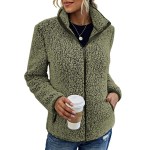 Stand-up collar fleecy women's jacket in Army Green