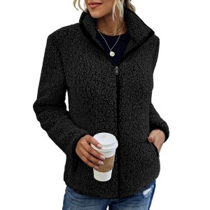 Stand-up collar fleecy women's jacket in Black