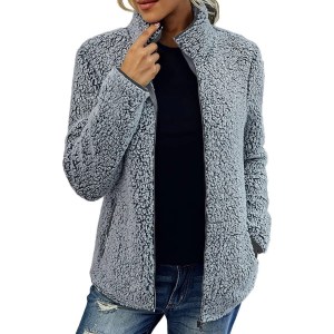Stand-up collar fleecy women's jacket in Grey