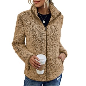 Stand-up collar fleecy women's jacket in Khaki