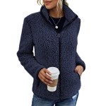 Stand-up collar fleecy women's jacket in Navy