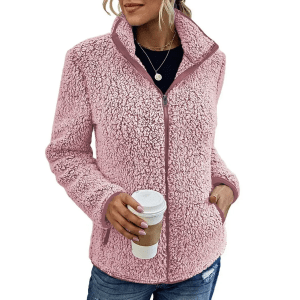 Stand-up collar fleecy women's jacket in Pink