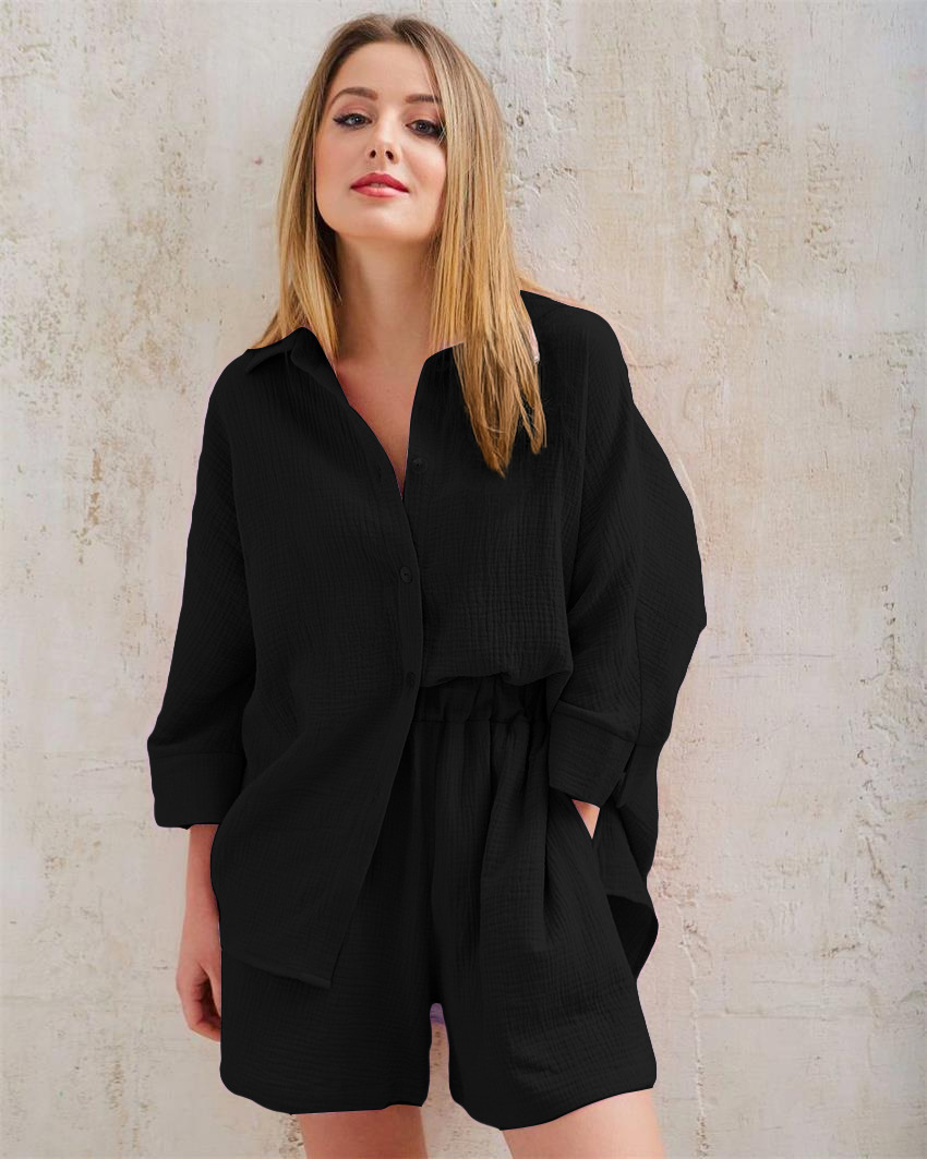 3/4 sleeved cotton shirt and shorts women's set - Image 2