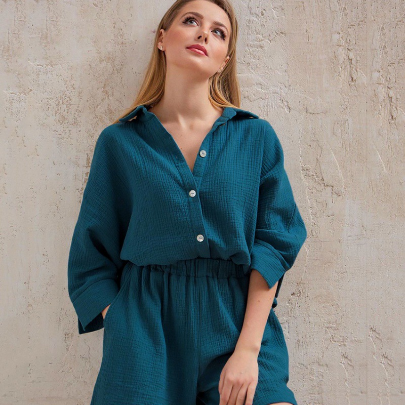 3/4 sleeved cotton shirt and shorts women's set - Image 5
