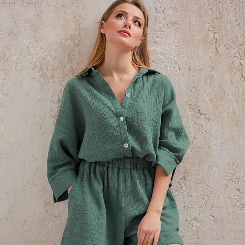 3/4 sleeved cotton shirt and shorts women's set - Image 6