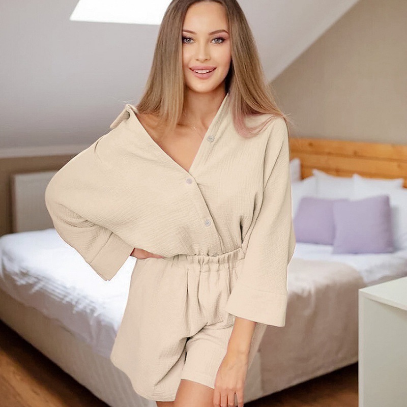 3/4 sleeved cotton shirt and shorts women's set - Image 7