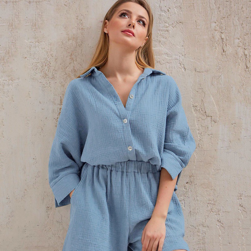 3/4 sleeved cotton shirt and shorts women's set - Image 8