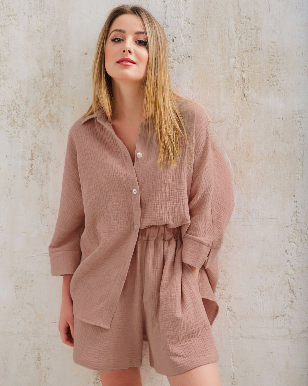 3/4 sleeved cotton shirt and shorts women's set - Image 9