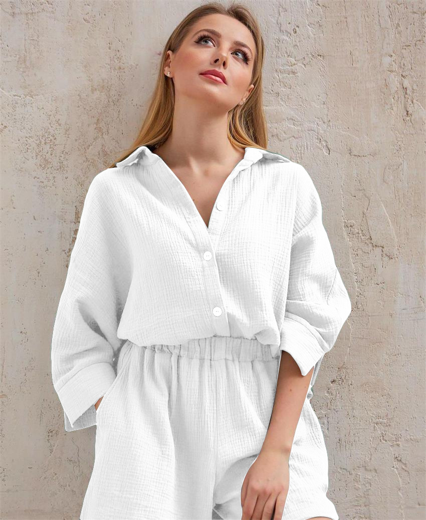 3/4 sleeved cotton shirt and shorts women's set - Image 15