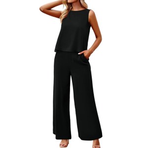 2-piece sleeveless top and wide leg pants cotton set