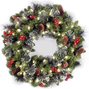 Front door decorative Christmas wreath with lights