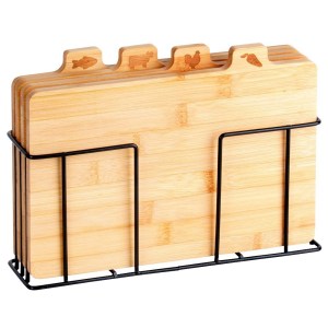 Set of 4 bamboo cutting boards with metal storage stand
