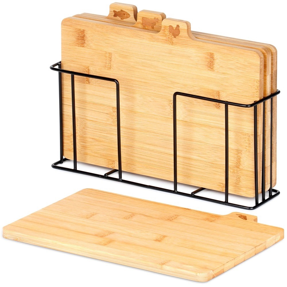 Set of 4 bamboo cutting boards with metal storage stand - Image 3