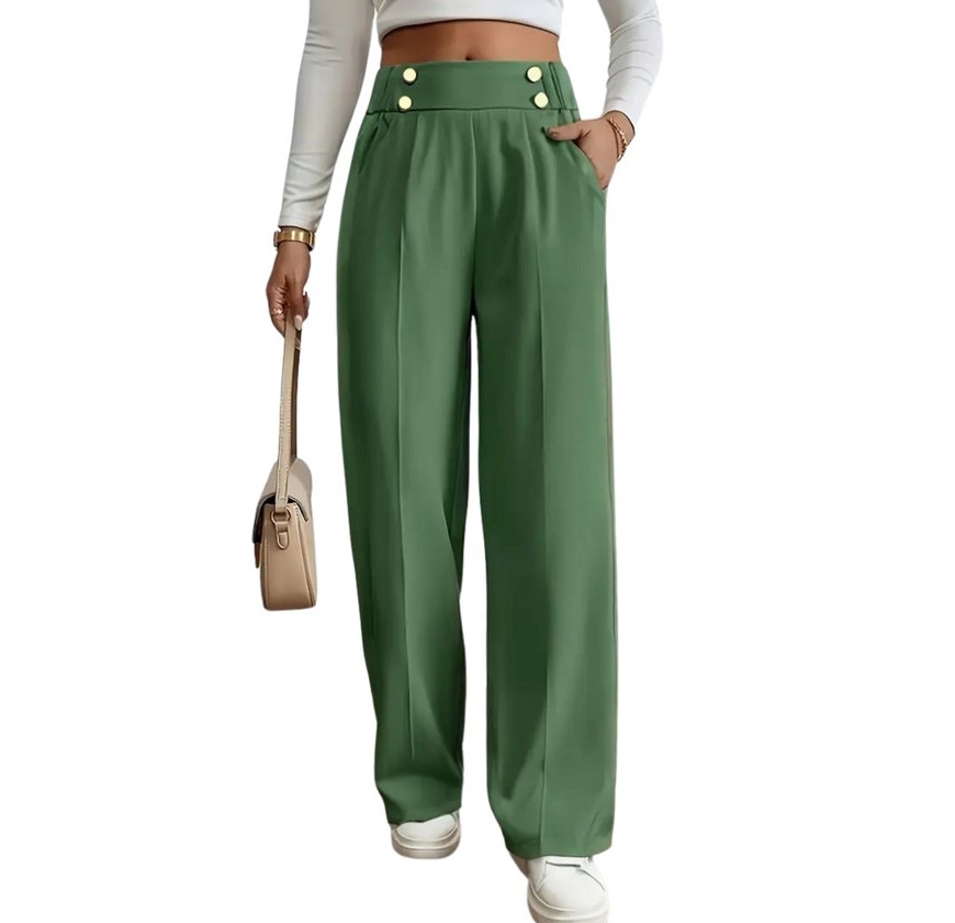 High-waist decorative buttons women's straight pants
