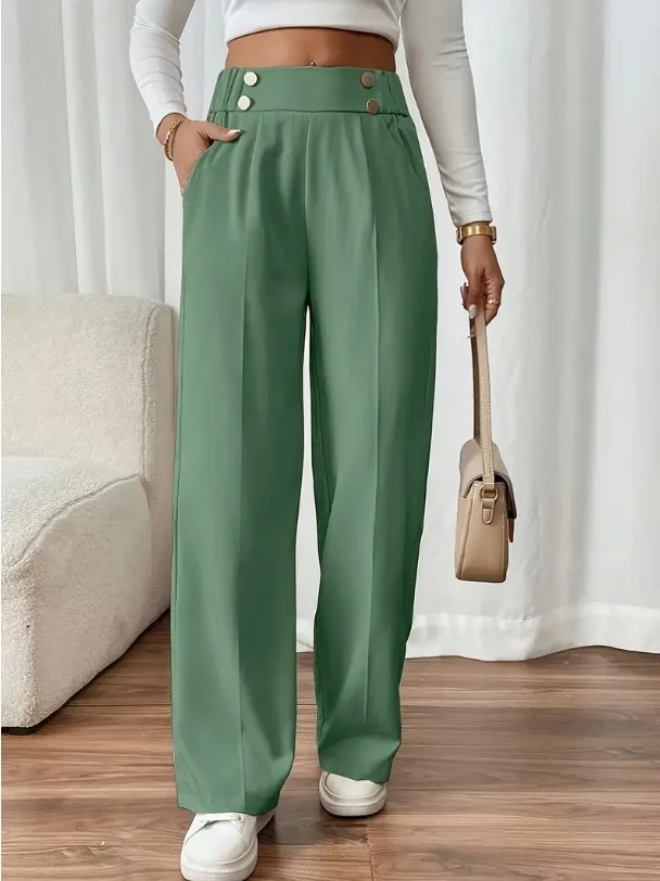 High-waist decorative buttons women's straight pants - Image 19