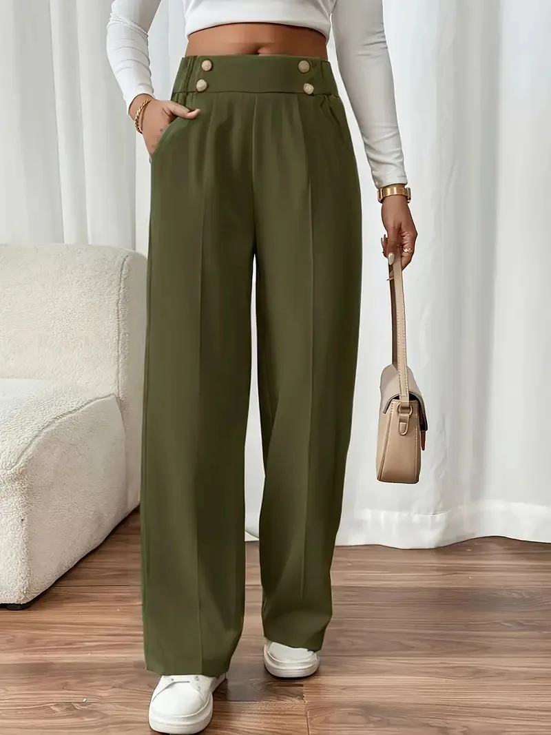 High-waist decorative buttons women's straight pants - Image 29