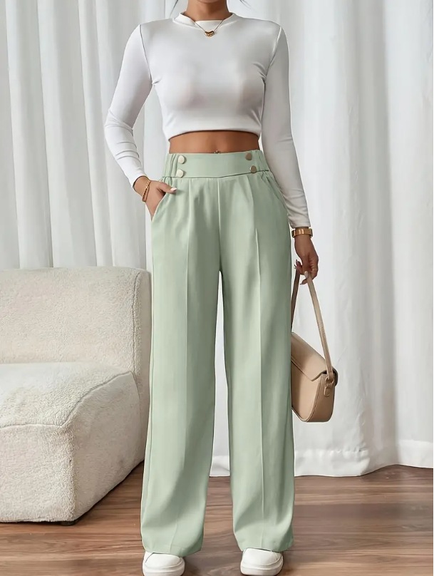 High-waist decorative buttons women's straight pants - Image 13