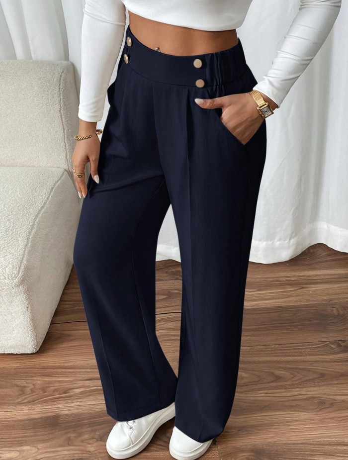 High-waist decorative buttons women's straight pants - Image 6