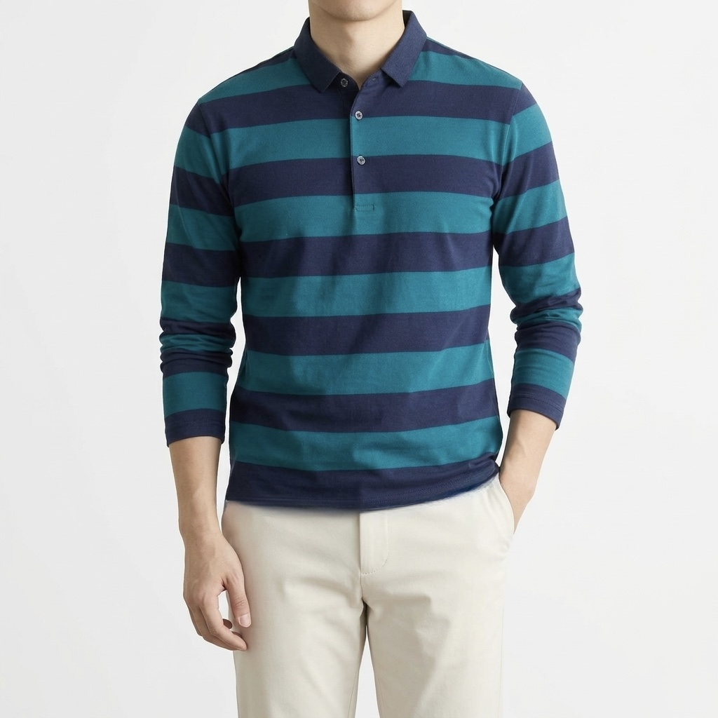 Striped long-sleeve men's polo shirt - Image 12